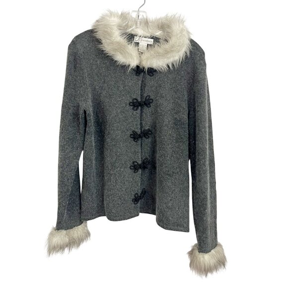 Dressbarn Gray Lambswool Button Front Cardigan Faux Fur Trim Penny Lane LARGE - Picture 1 of 6